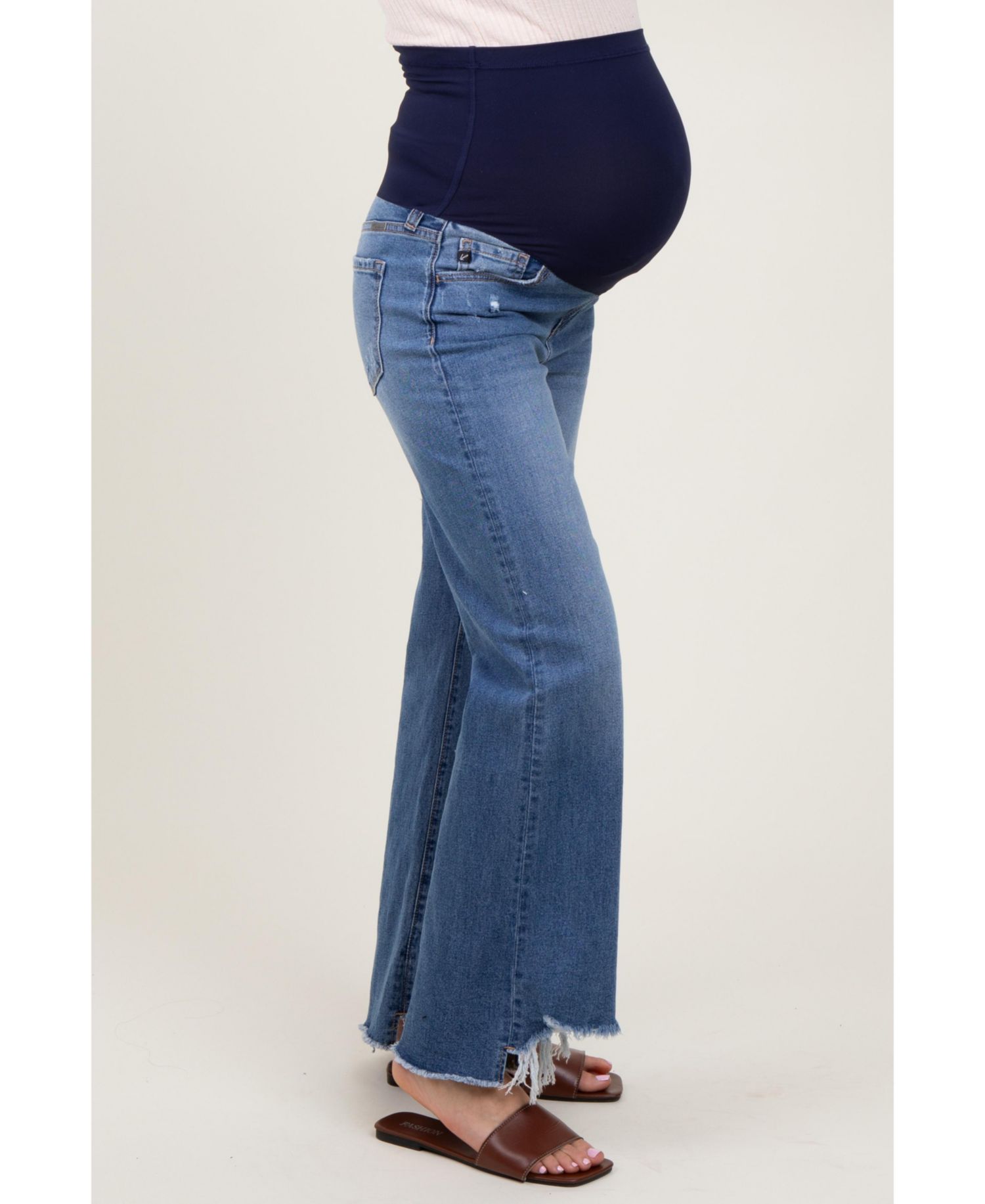 Women's Blue Distressed Fringe Hi-Lo Hem Cropped Flare Jeans