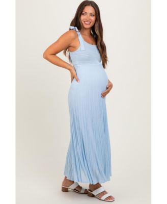  Light Blue Textured Knit Shoulder Tie Maternity Midi Dress