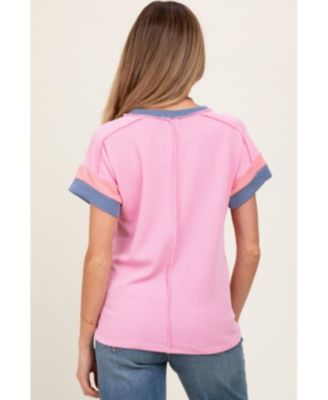 Maternity Pink Ribbed Colorblock Detail Short Sleeve Top