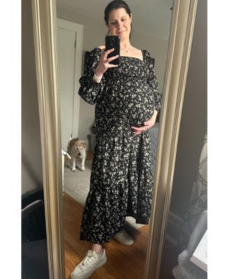 Maternity Cream Floral Smocked Long Sleeve Maxi Dress