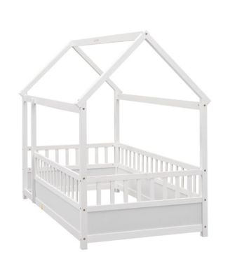 Kids Wooden House Floor Bed with Roof & Fence Guardrails Twin Size Low Profile Play Bed for Boys and Girls