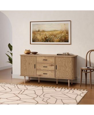 Oak Finish MDF Wood 3-Drawer Sideboard Cabinet with Sliding Doors & Rounded Corners