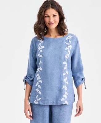 Women's 100% Linen Floral-Embroidered 3/4-Sleeve Top, Macy's Exclusive
