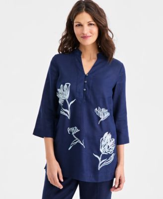 Charter Club - Women's Linen Embroidered-Floral 3/4-Sleeve Tunic