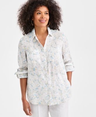 Charter Club - Women's Linen Floral Roll-Tab-Sleeve Shirt