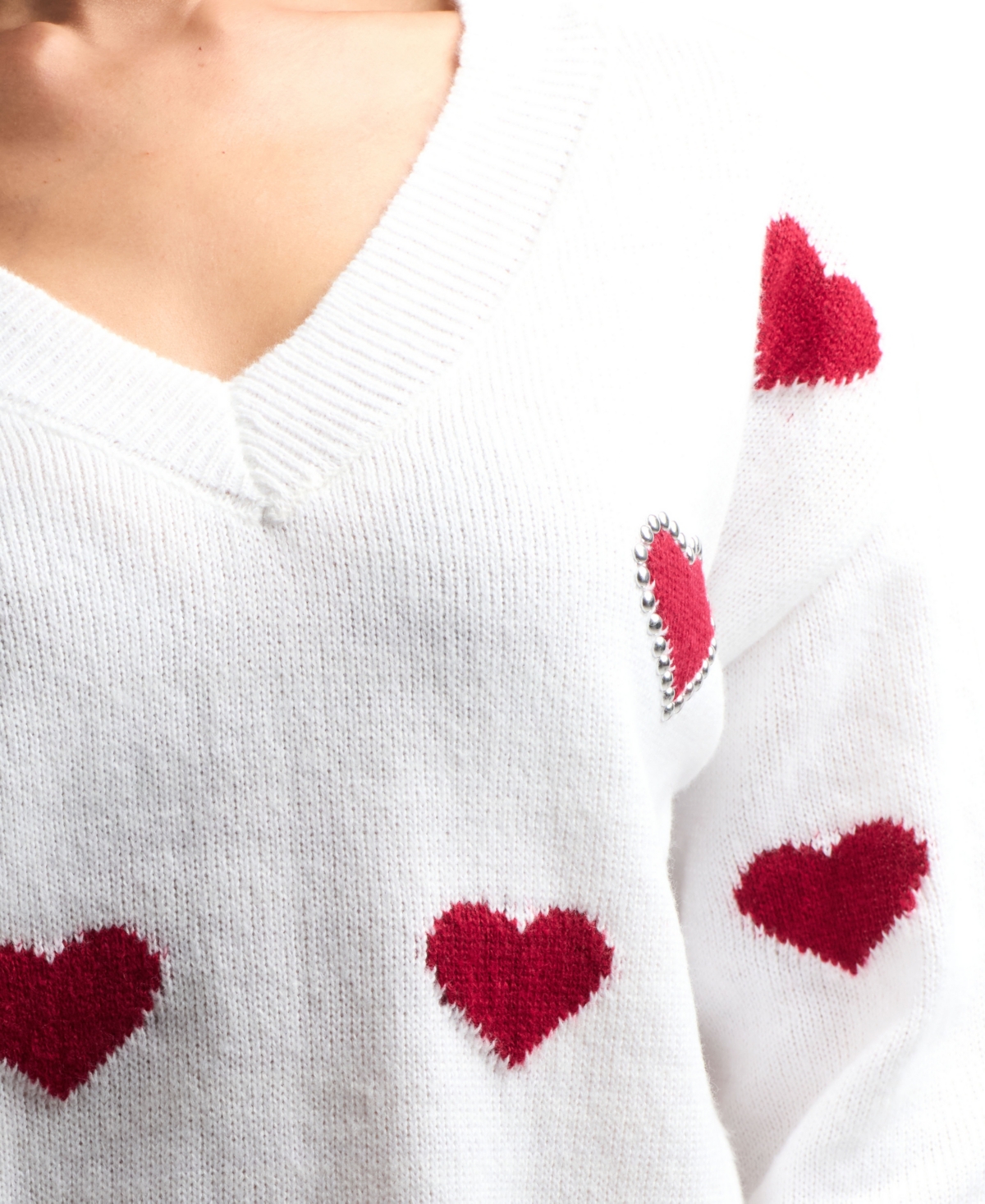 Bcx Women's V-neck Pull-on Heart Sweater In White