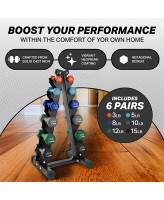 3, 5, 8, 10, 12 & 15 Pound Neoprene Dumbbell Weight Set w/Storage Rack
