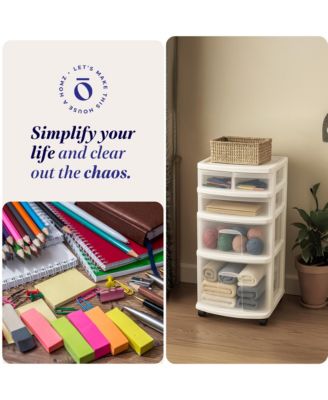 Clear Plastic 4 Drawer Medium Home Storage Container Tower, White Frame