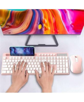 Wireless Keyboard And Mouse Combo - 2.4G Ergonomic Wireless Computer Keyboard With Tablet Holder, Silent Mouse With 6 Button, Compatible With, Pink