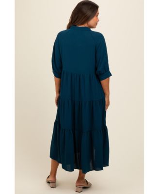 Maternity Dark Teal Collared Button Up Tiered Midi Dress