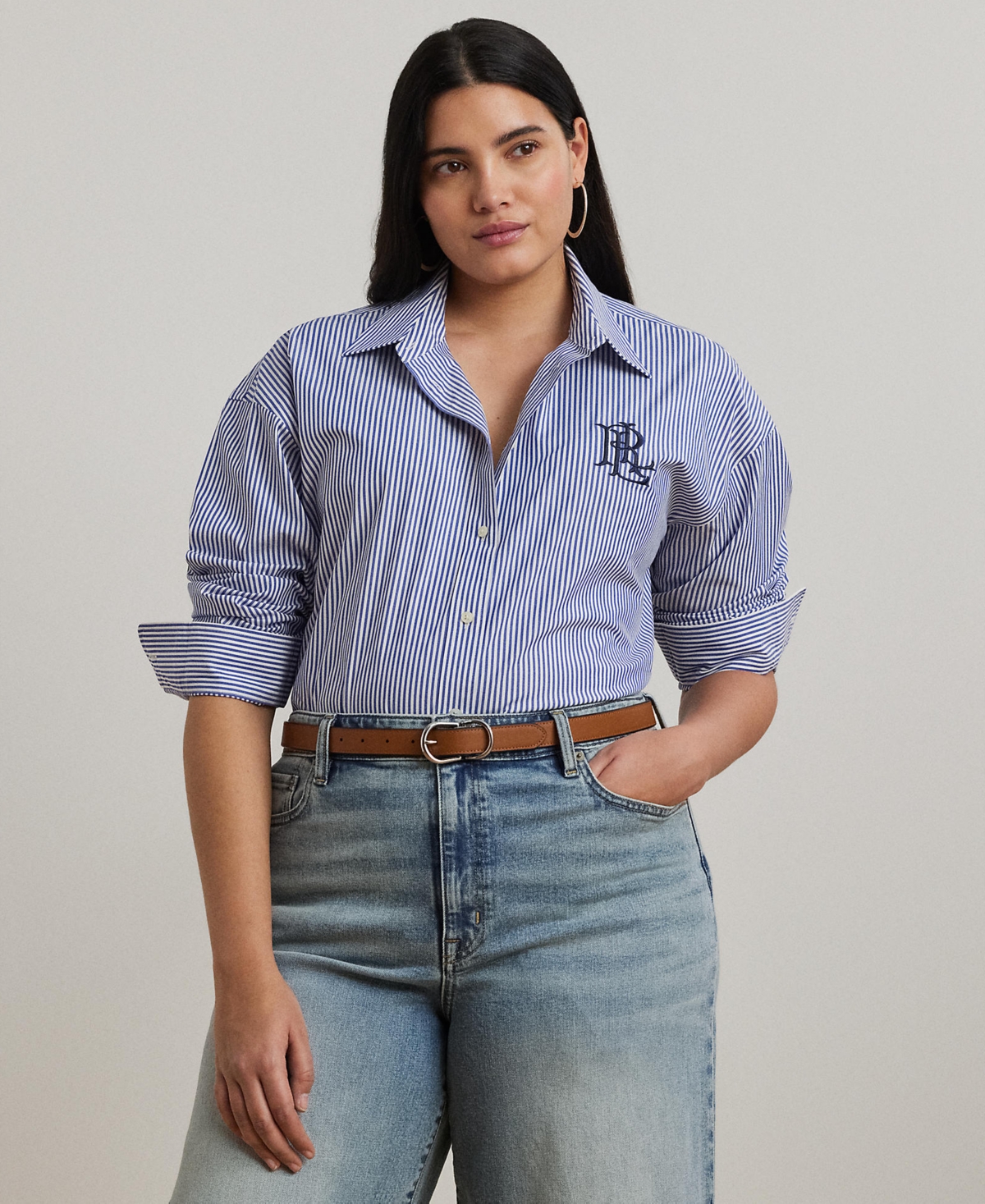 Lauren Ralph Plus Striped Stretch Cotton Shirt