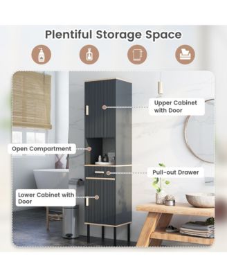 Tall Bathroom Storage Cabinet Freestanding Narrow Linen Tower w/ Doors & Drawer