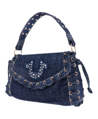 Studded Horseshoe Eyelet Denim Flap Bag