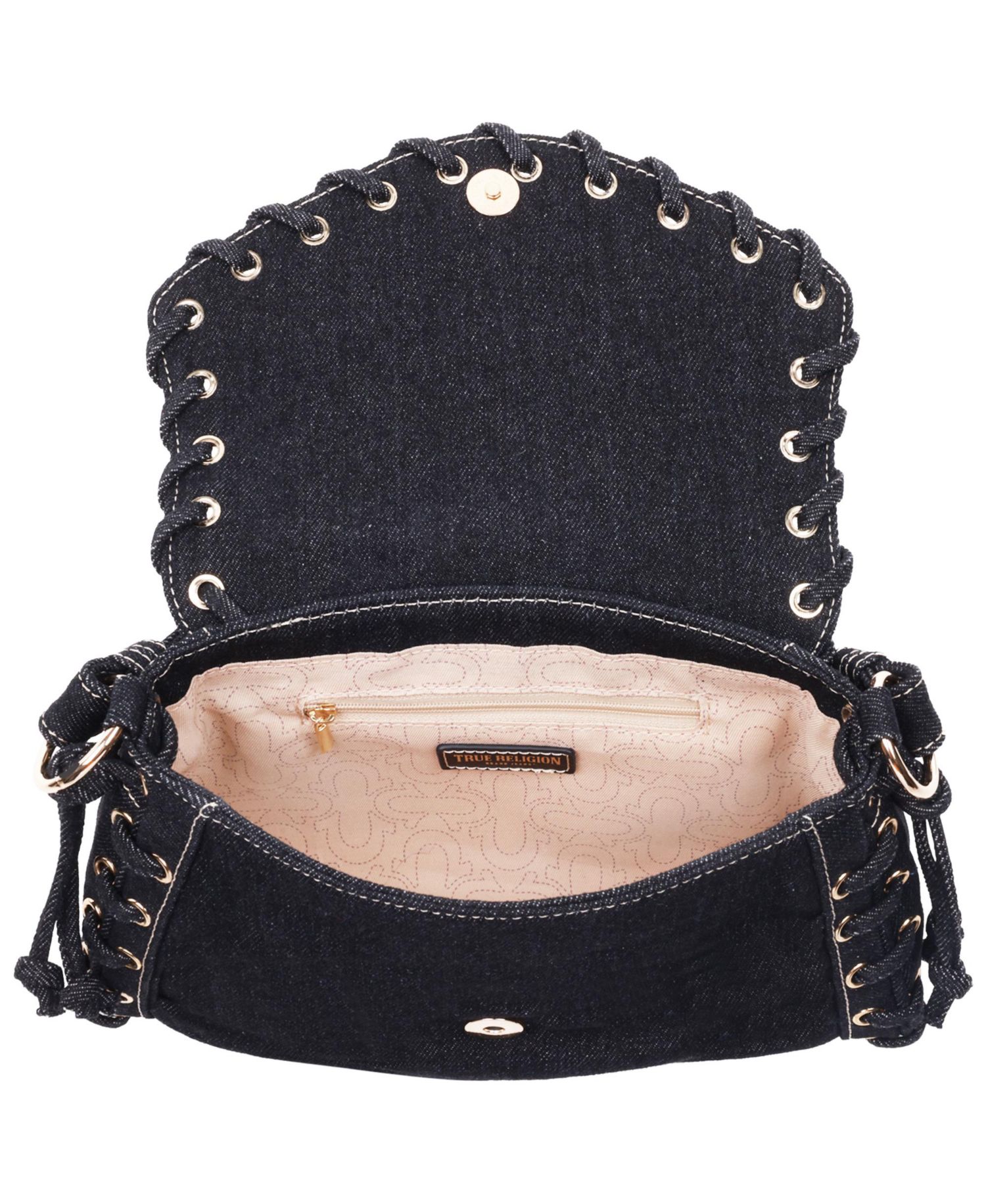 Studded Horseshoe Eyelet Denim Flap Bag