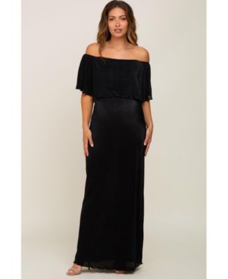 Maternity Forest Green Pleated Ruffle Off Shoulder Maxi Dress
