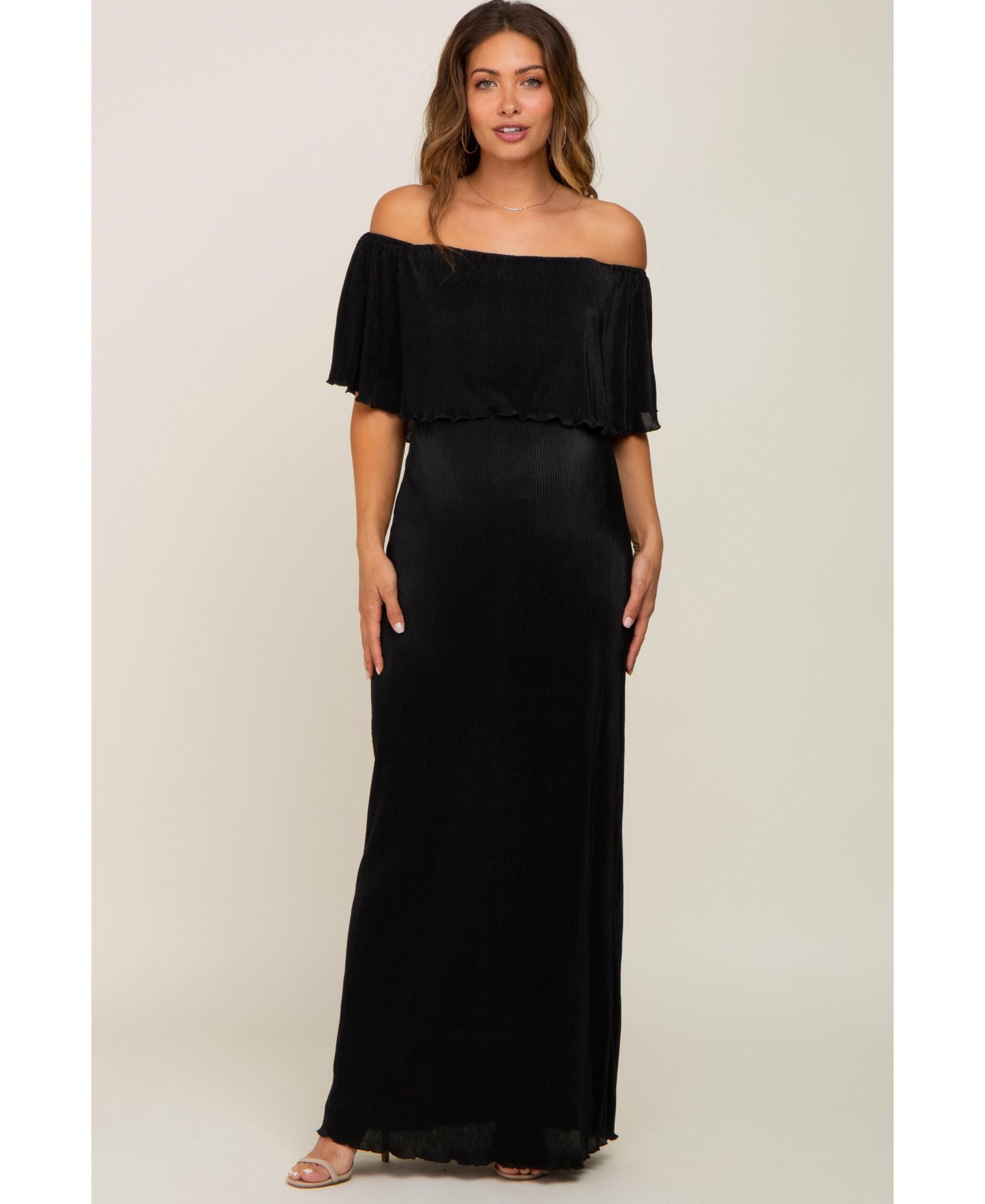 Women's Burgundy Pleated Ruffle Off Shoulder Maxi Dress