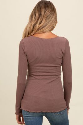 Burgundy Ribbed Knit Long Sleeve Lettuce Hem Maternity Top