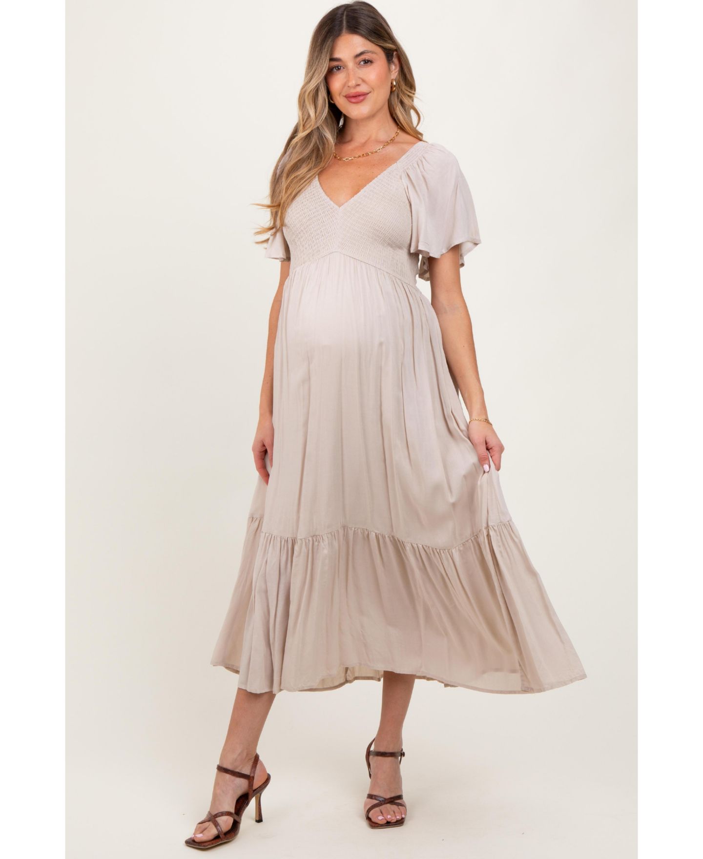 Женское платье Pinkblush Cream Smocked Flutter Sleeve Midi, цвет: Кремовый — фото 1