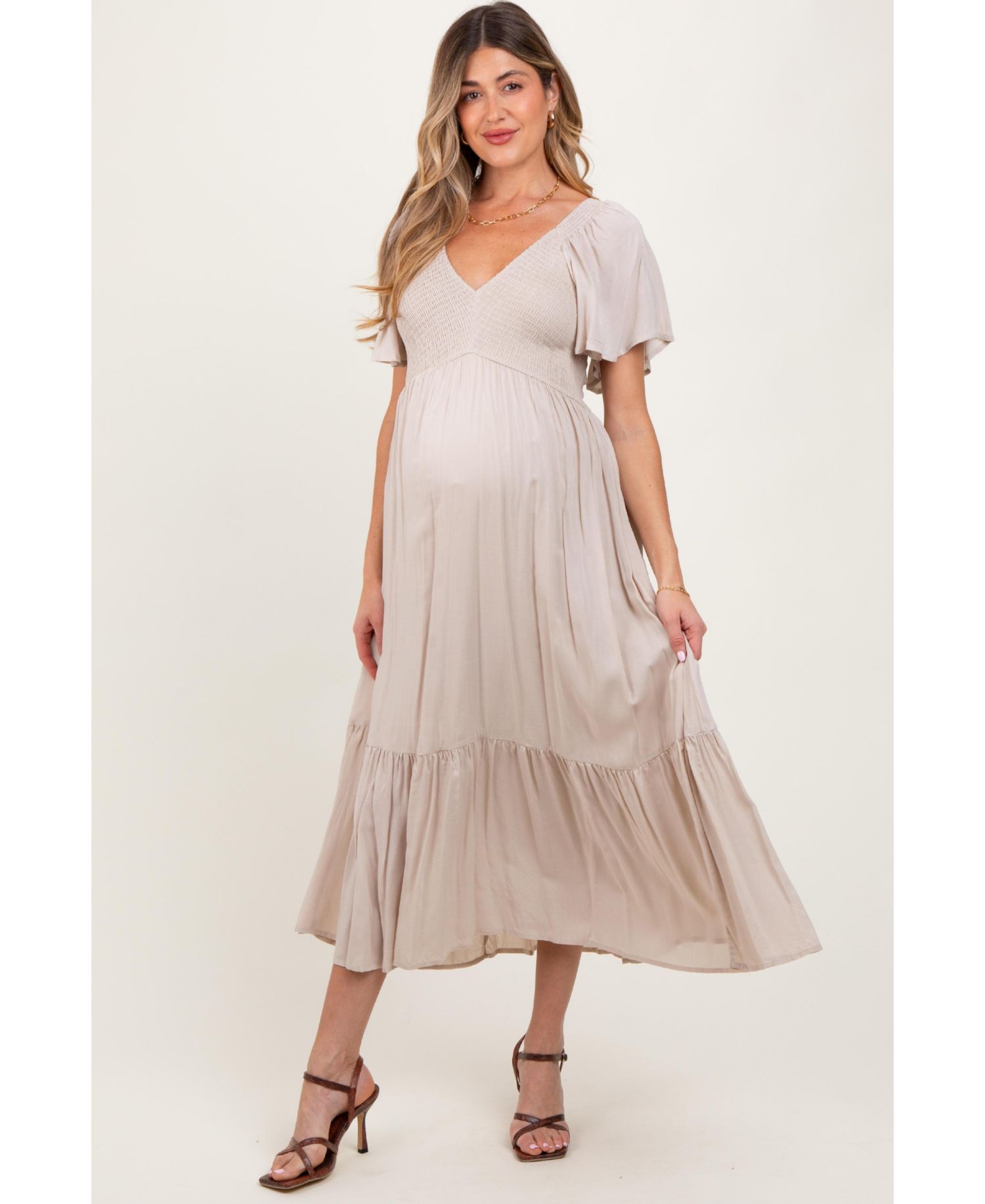 Women's Cream Smocked Flutter Sleeve Midi Dress