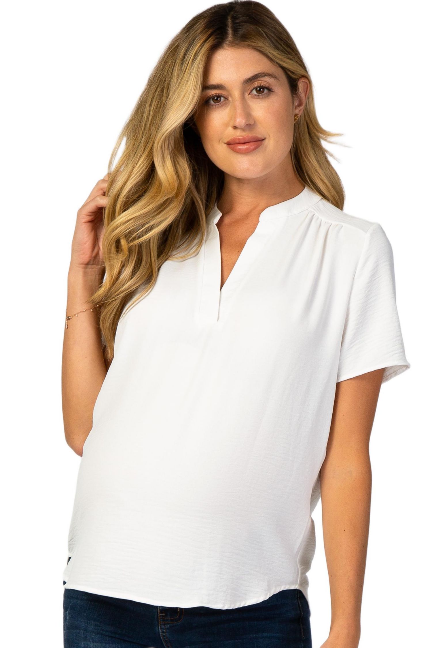 Women's White Short Sleeve V-Neck Blouse