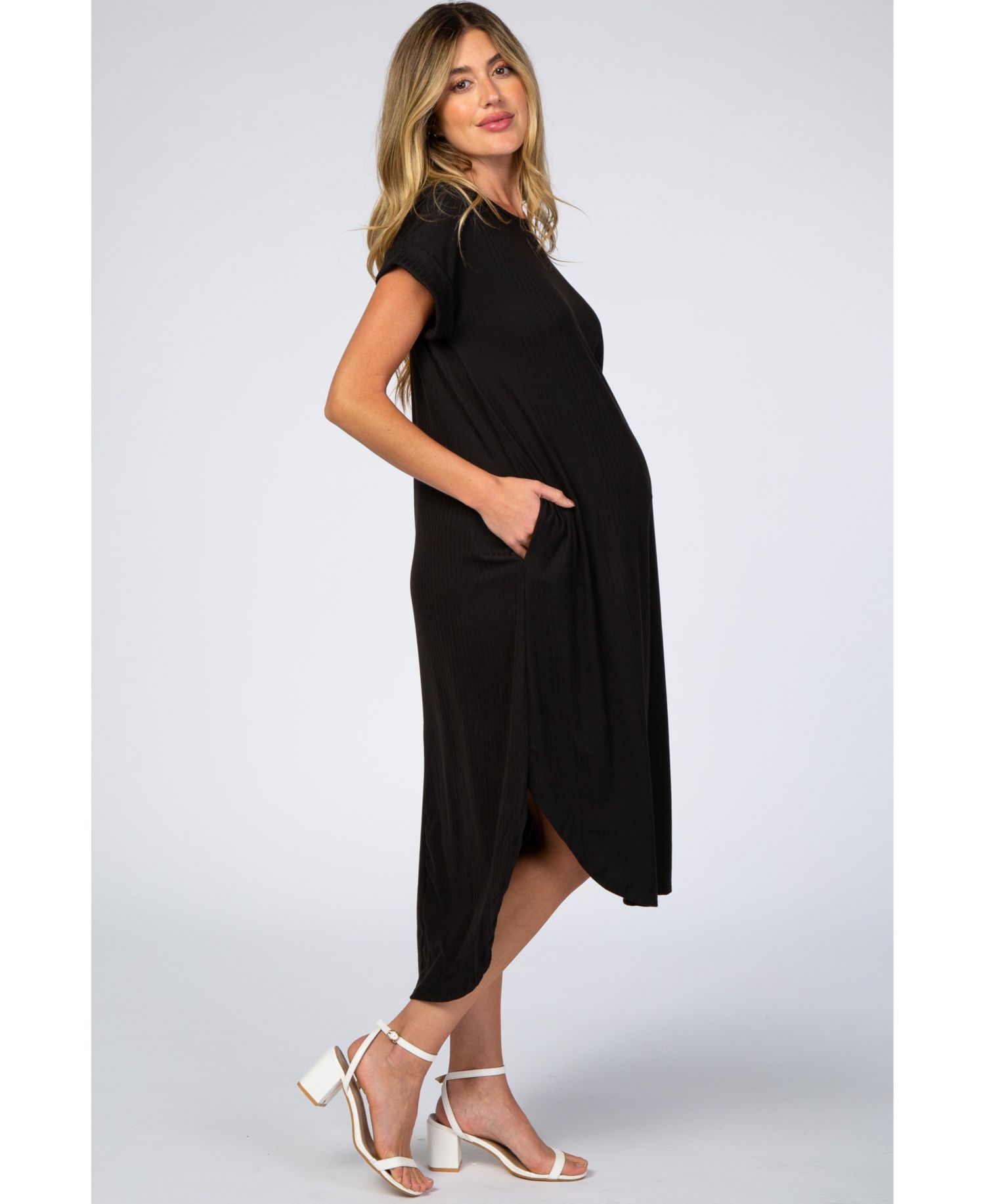 Women's Black Ribbed Curved Hem Midi Dress