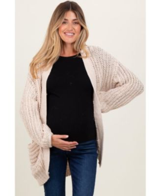 Maternity Beige Chunky Knit Oversized Pocket Cardigan