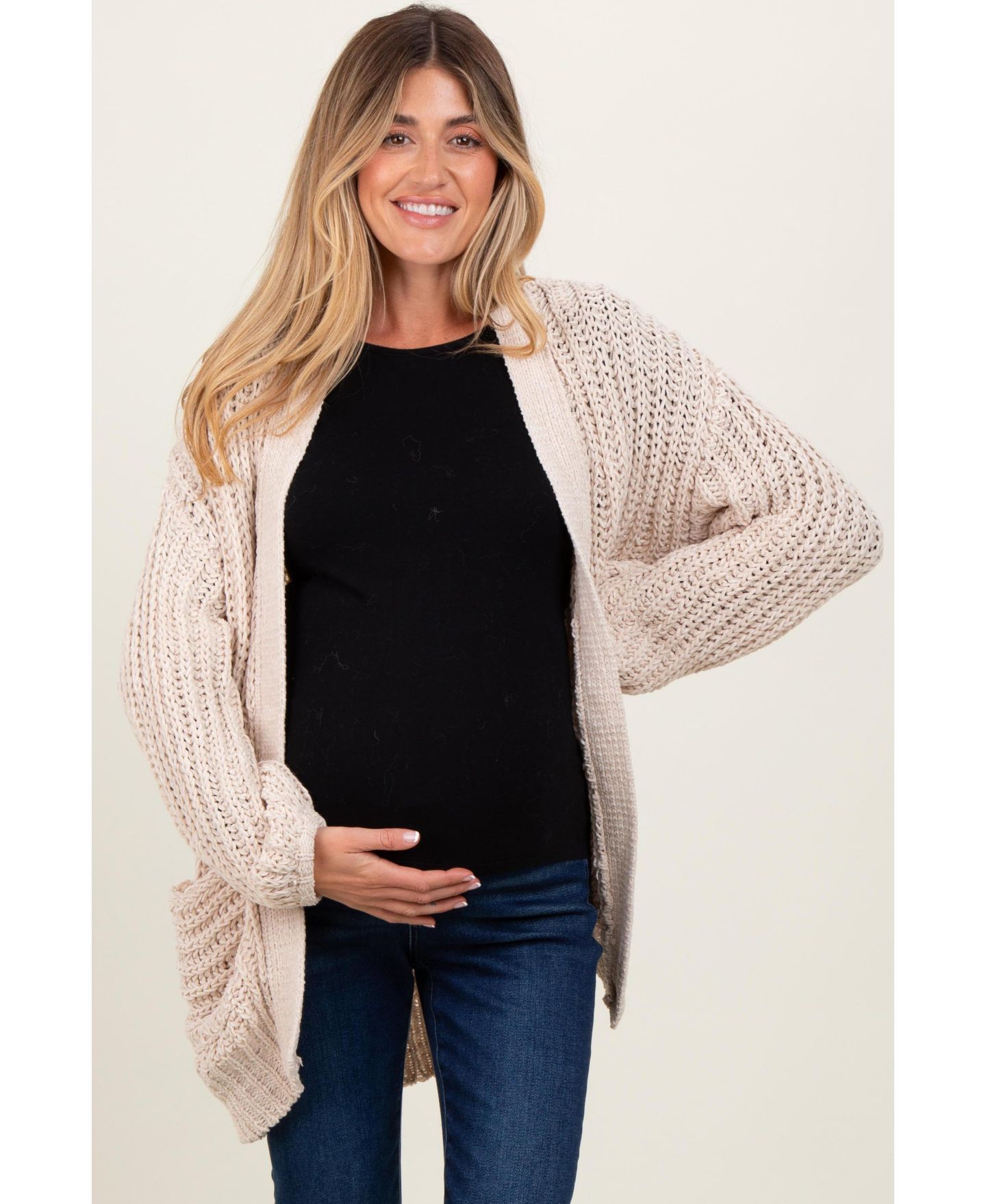 Женский кардиган Pinkblush Beige Chunky Knit Oversized Pocket, цвет: Бежевый — фото 2