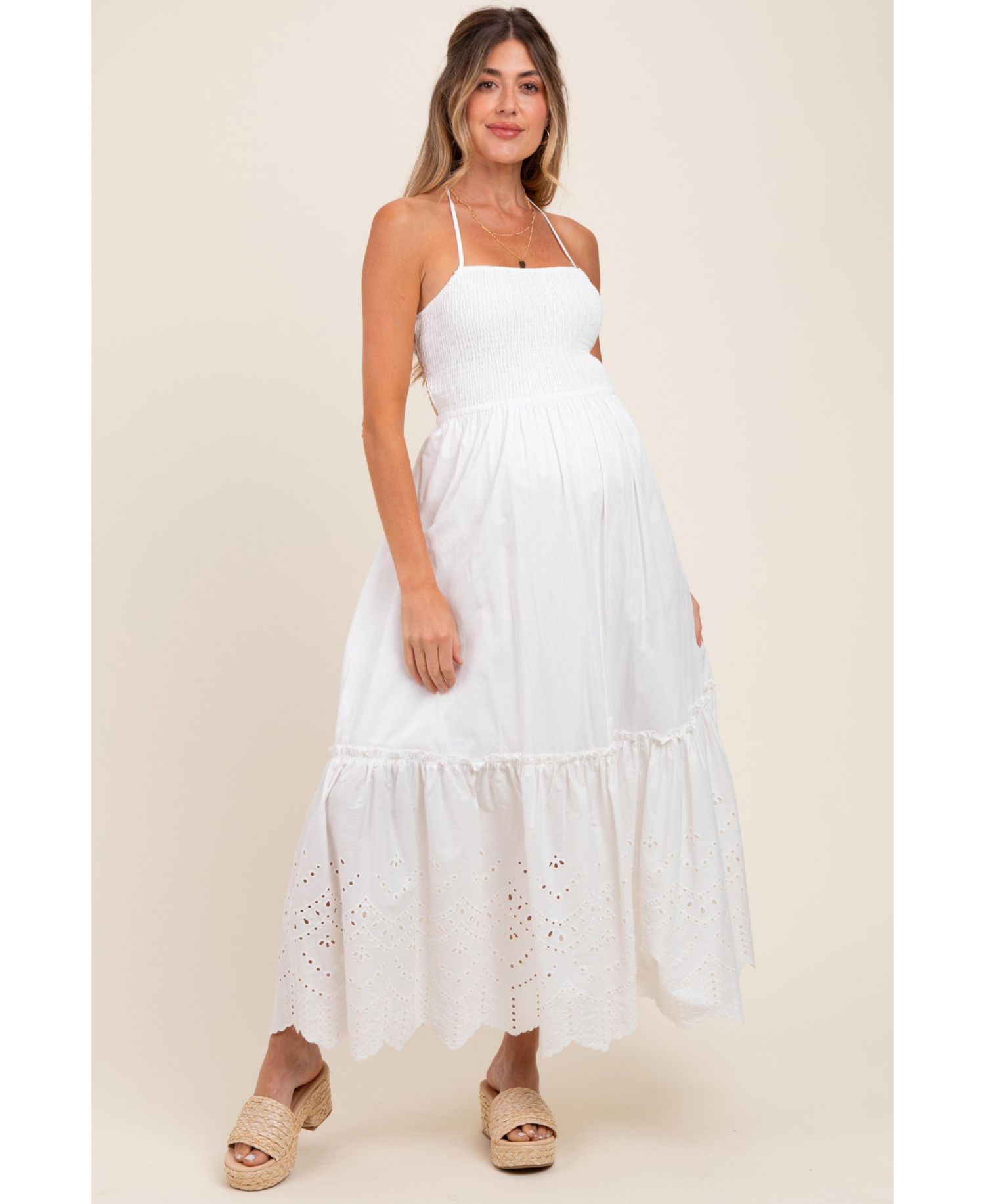 Women's White Smocked Open Back Lace Hem Maxi Dress