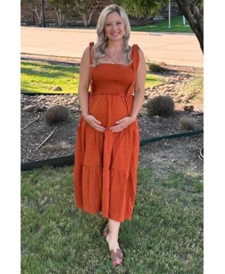 Maternity Rust Bow Strap Tiered Midi Dress