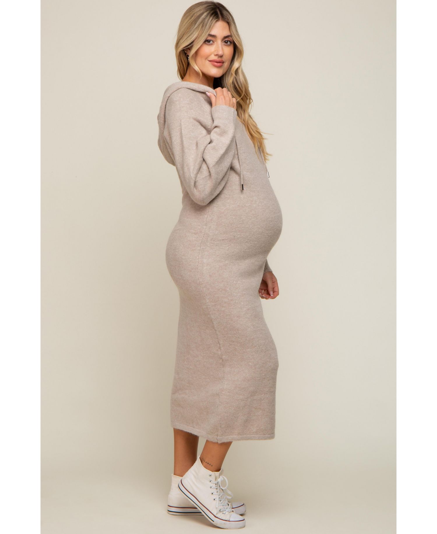 Maternity Beige Hooded Sweater Midi Dress