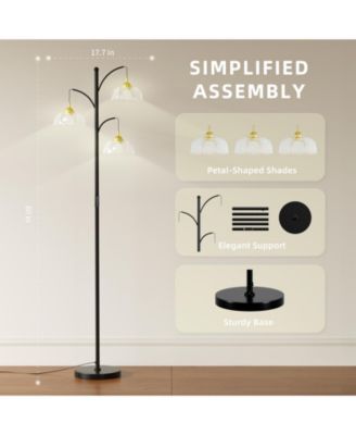 Modern Standing Floor Lamp with LED Bulbs, 3 Adjustable Heads and Petal Glass Shades