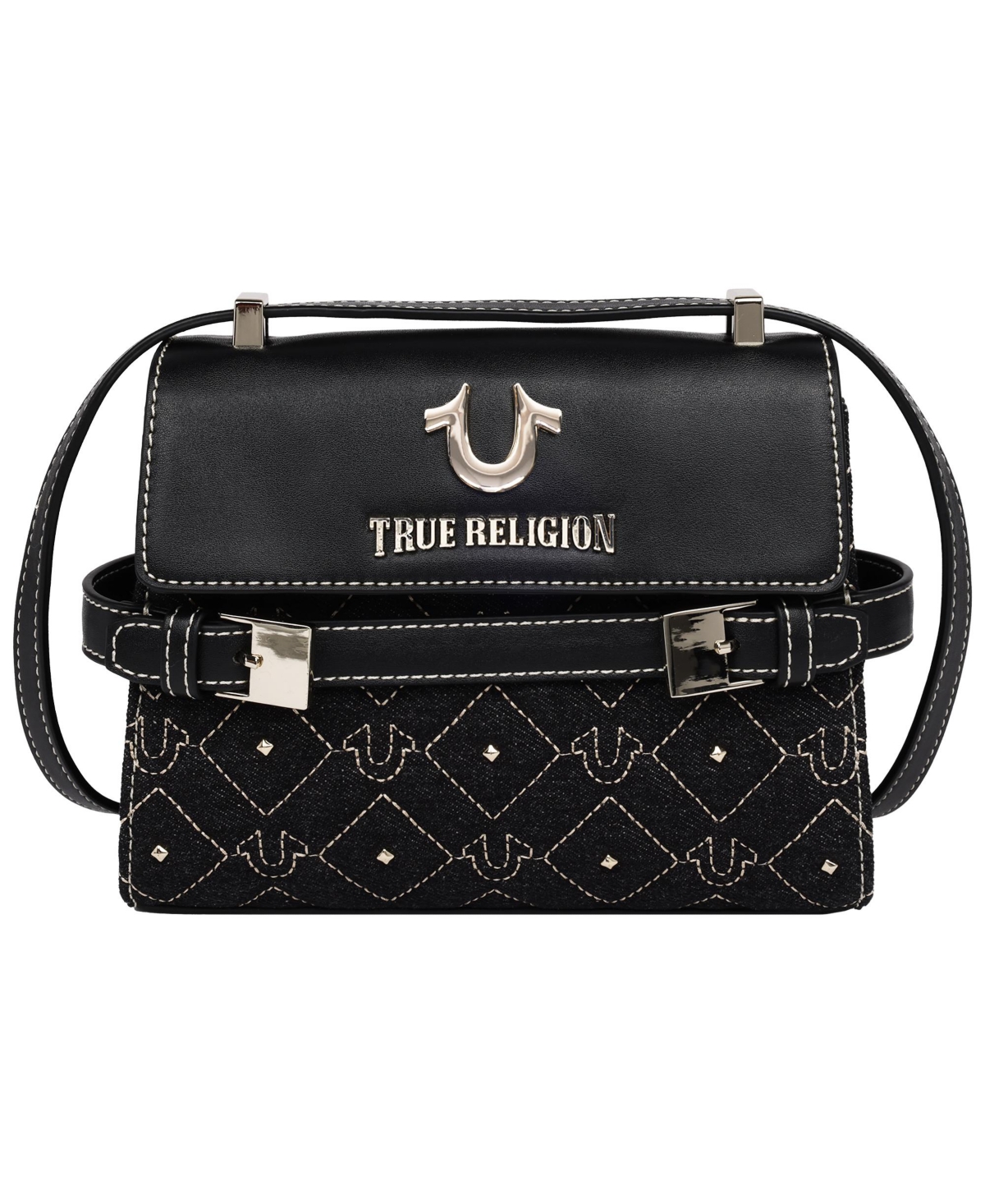True Religion Studded Denim Flap Crossbody Bag