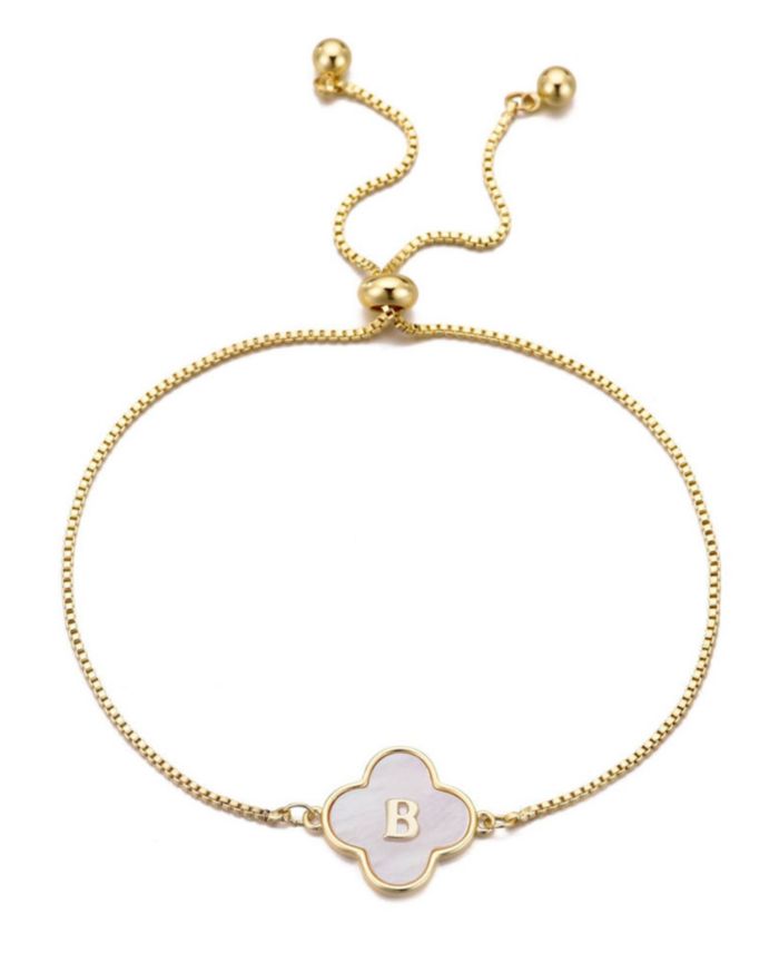ADORNIA Gold Mother of Pearl Initial Clover Bolo Bracelet