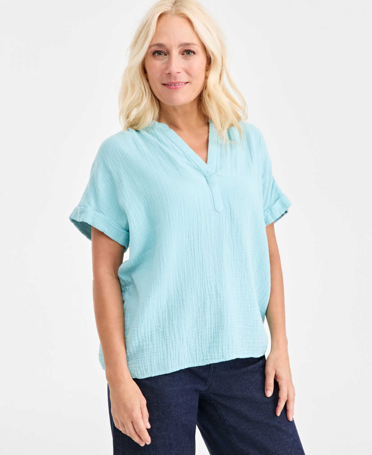 Style & Co Women's Cotton Gauze Split-Neck Dolman-Sleeve Shirt, Macy's Exclusive
