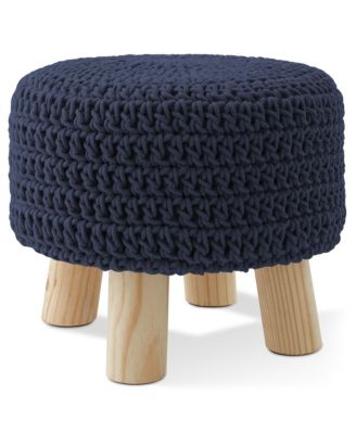 Hand-Knitted Cotton Pouf Ottoman Footstool, 13" Round x 11" High, Boho Accent Footrest with Non-Skid Legs, Foot Stool and Extra Seating