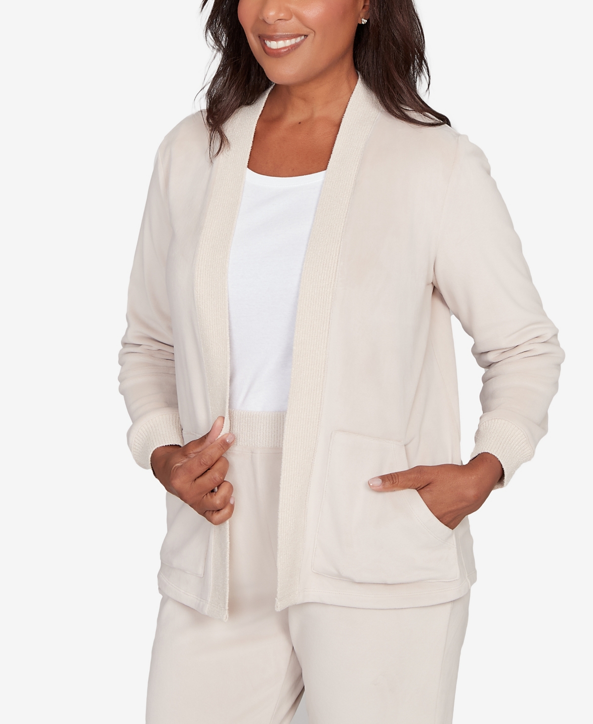 Alfred Dunner Petite Calm Luxe Open Front Rib Trim Cardigan In Neutral