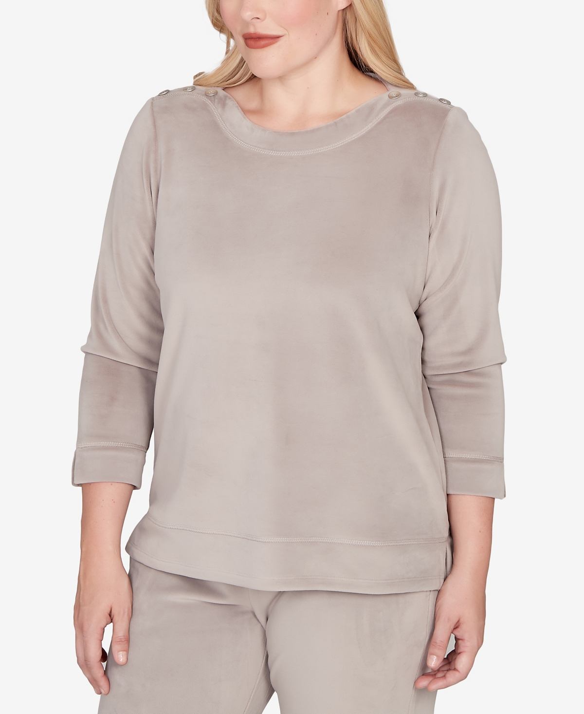 Alfred Dunner Petite Calm Luxe Shoulder Button Top In Gray