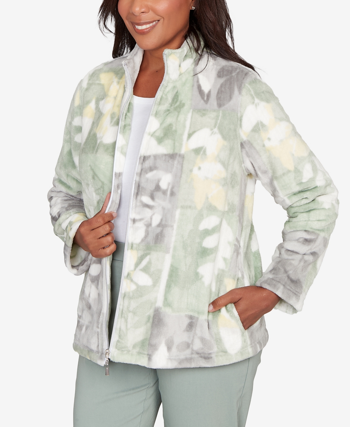 Alfred Dunner Stockbridge Leaf Patchwork Cozy Knit Jacket In Green