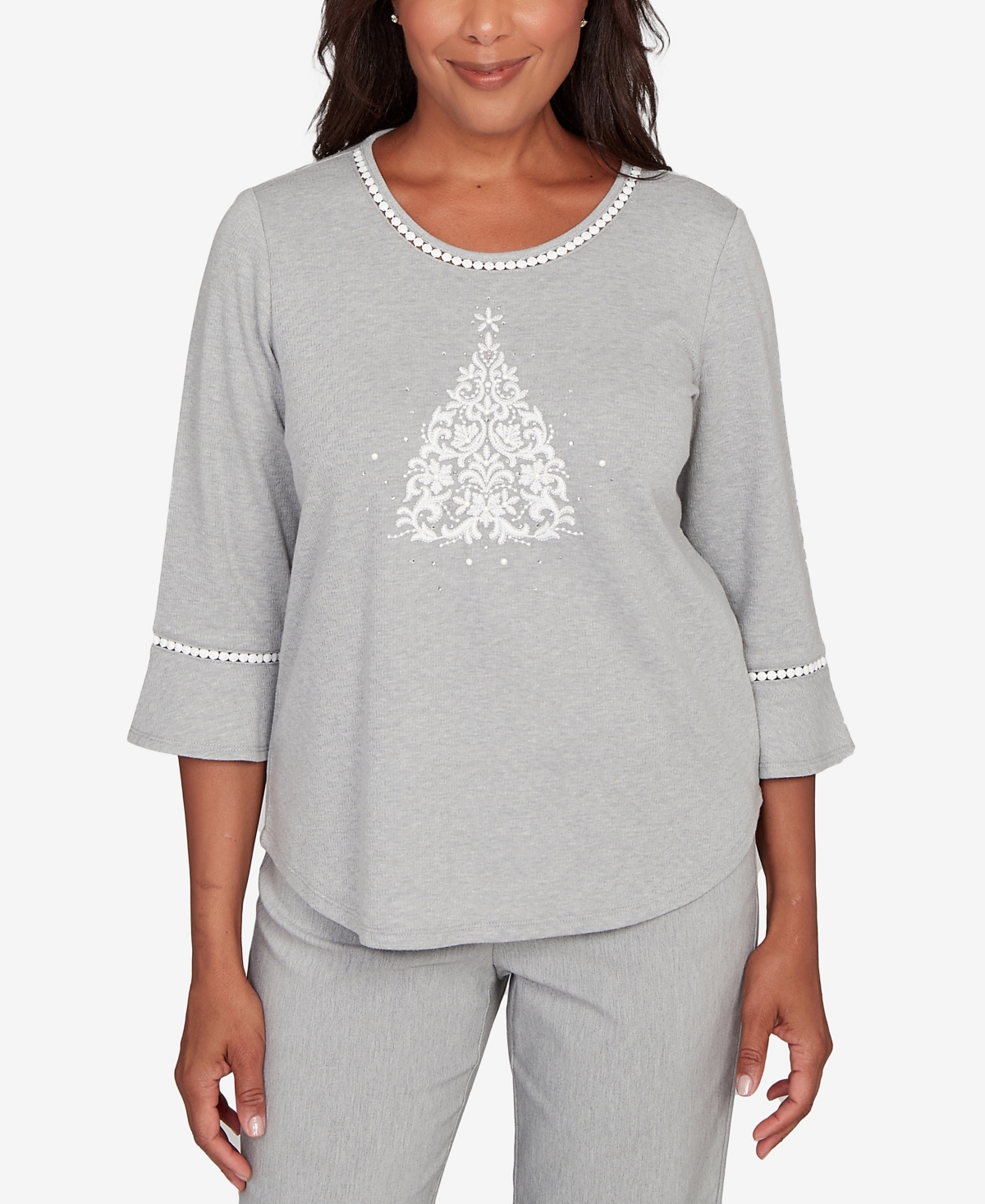 Alfred Dunner Stockbridge Christmas Tree Embellished Knit Top In Gray