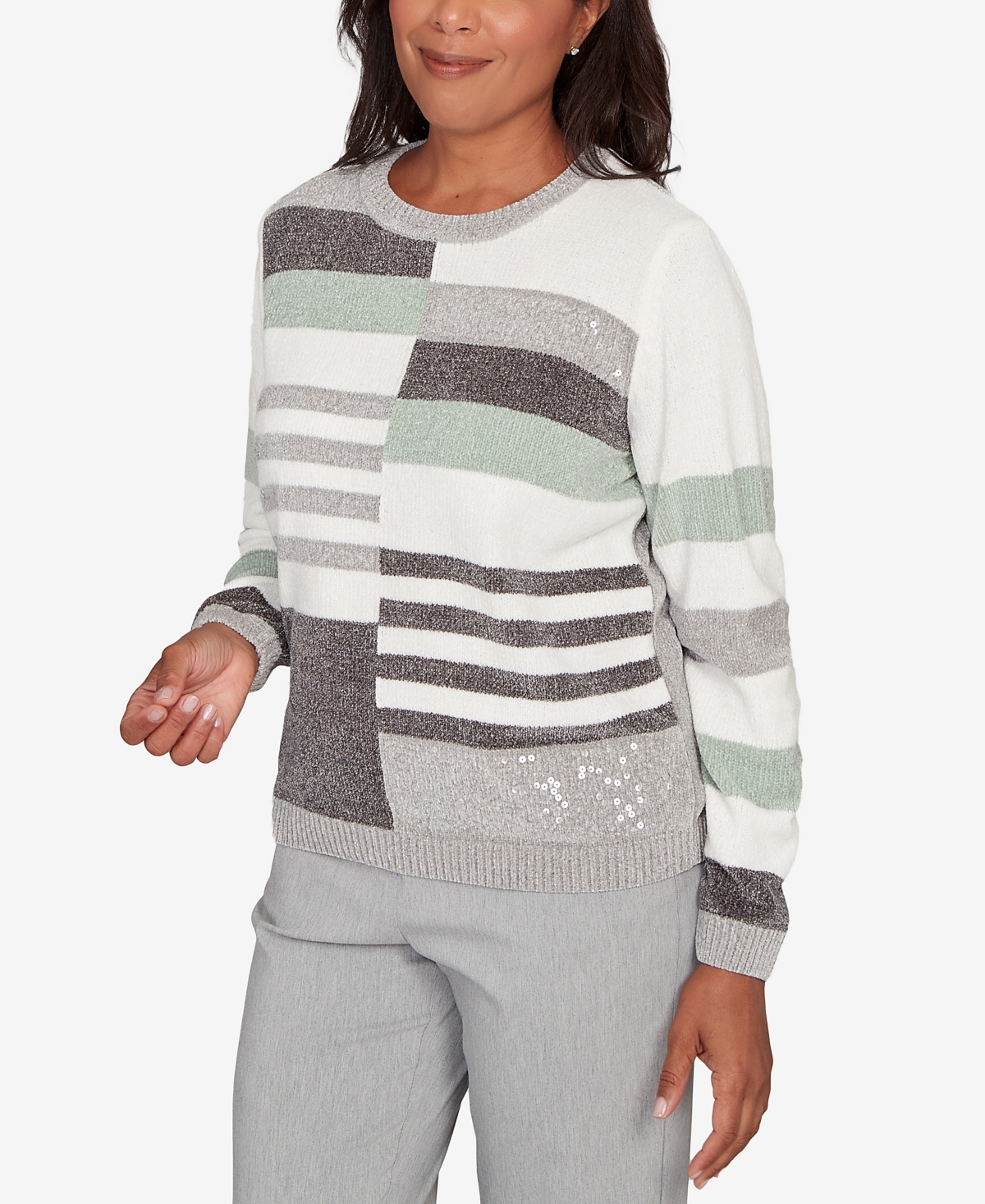 Alfred Dunner Stockbridge Stripe Sequin Colorblock Chenille Sweater In Gray