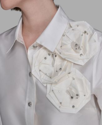 Women's Collar Rose Applique Detail Top