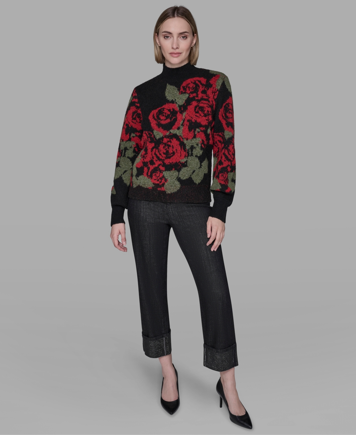 Karl Lagerfeld Paris Women's Mock Neck Rose Print Sweater