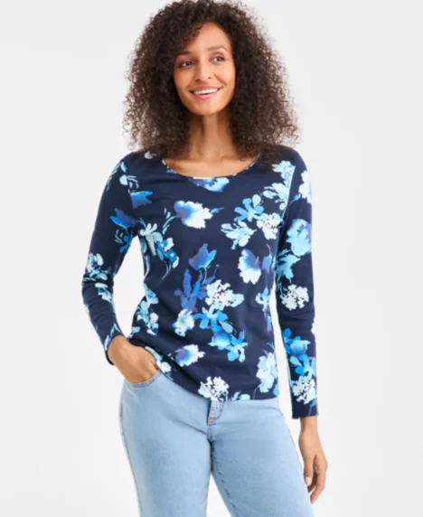 Petite Printed Long Sleeve Top - Indutrial Blue Combo