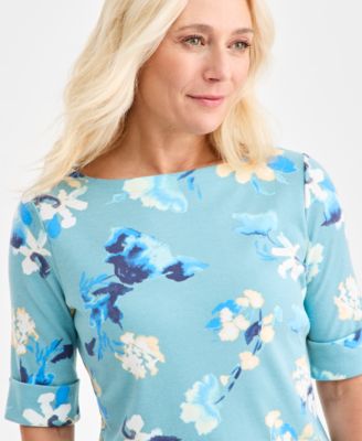 Women's Printed Boat-Neck Elbow Sleeve Top