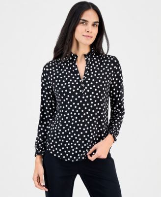 AK Anne Klein - Plus Size Dot-Print Ruffe-Neck Smocked-Cuff Top