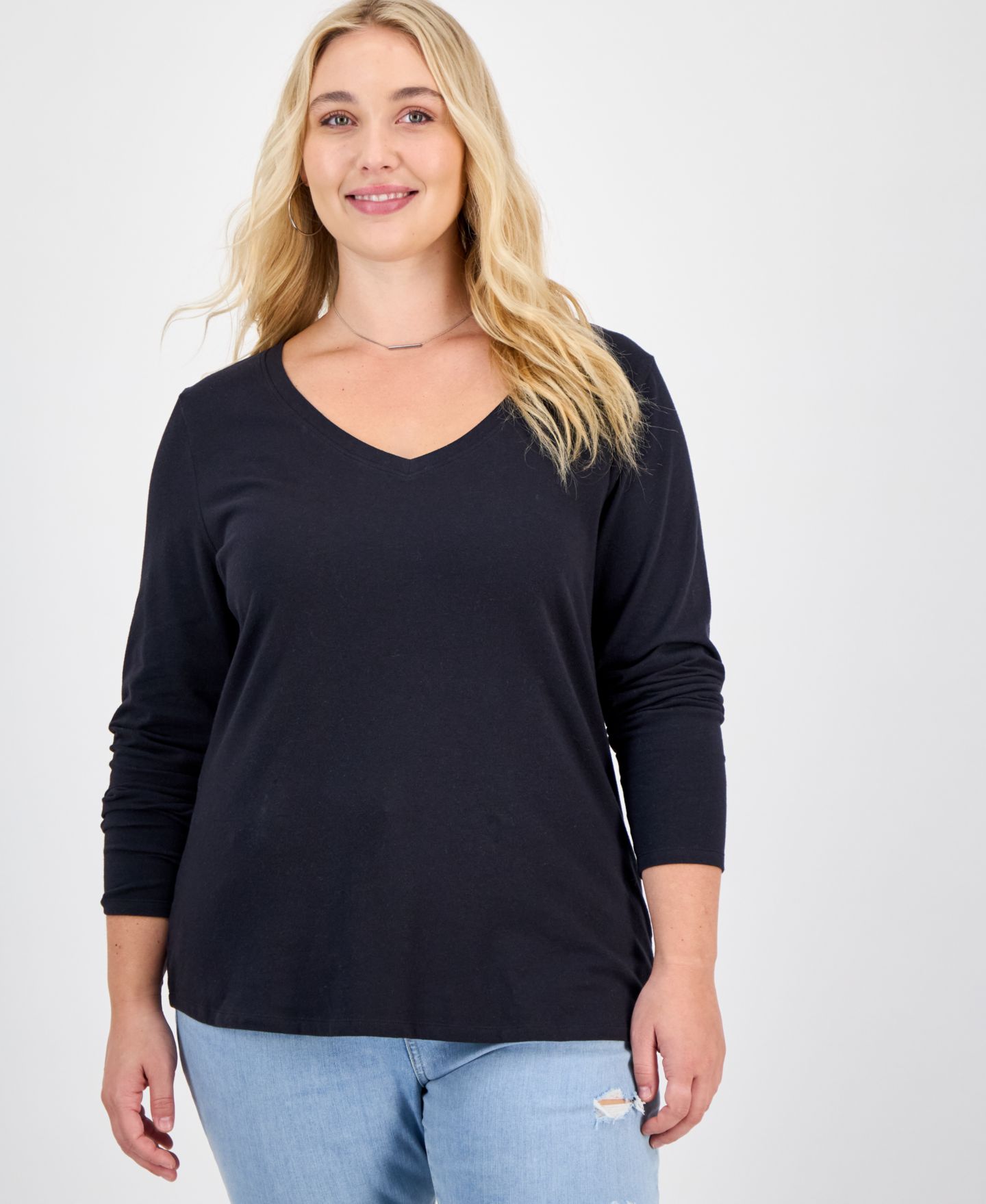 Женский топ Aveto Plus Size Long Sleeve V-Neck Top, цвет: Чёрный — фото 1