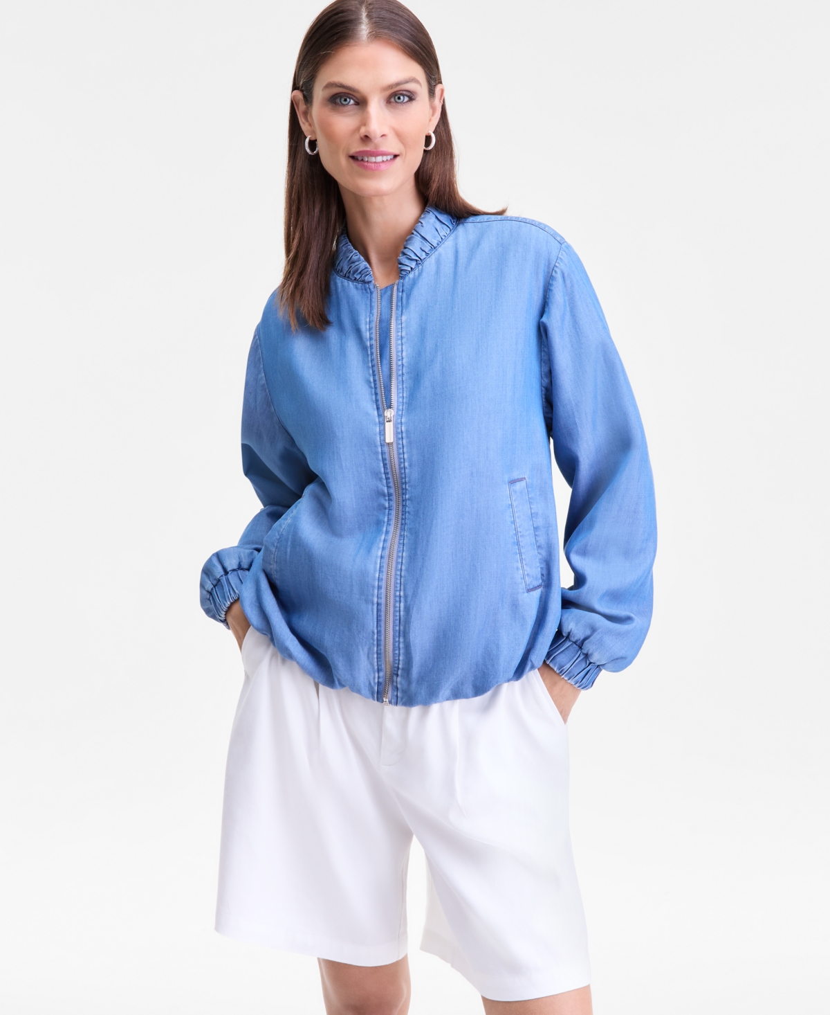 Inc International Concepts Women's Chambray Bomber Jacket, Macy's Exclusive In Blue