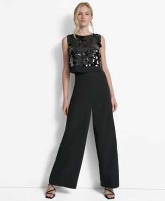 DKNY - Women's Sleeveless Sequin Overlay Wide Leg Jumpsuit