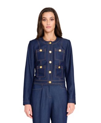 Women&#39;s Collarless Button Front Denim Cropped Jacket