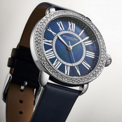 Elegant Women s 40mm Dress Watch – Model 4068, Blue Satin Leather Band, Crystal Accents